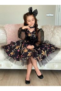 Kız Çocuk Black Flowers Tütülü Elbise ürün fotoğrafı