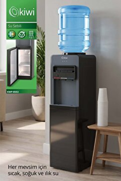 Kiwi KWP-8553 Su Sebili Siyah, 3 Musluklu (Sıcak-Soğuk-Ilık), Saklama Dolabı