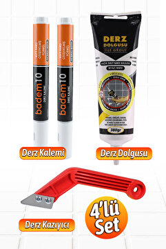 Badem10 (4'LÜ SET) Fayans Arası Beyaz Hazır Derz Dolgusu + Temizleyici Kazıyıcı + 2'li Derz Boyama Kalemi