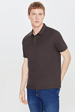 AC&Co / Altınyıldız Classics Erkek Acı Kahve %100 Pamuk Trend Mevsimlik Fitilli Tişört Slim Fit Polo Yaka