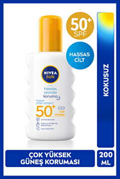 NIVEA SUN SPF50 Hassas Anında Güneş Koruyucu Vücut Spreyi 200ml, Suya Dayanıklı, Yatıştırıcı, Hassas Cilt