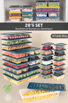 Meleni Home 28'li Buzdolabı Organizer Saklama Kabı - Mikrodalga ve Difrize Uygun Düzenleyici Buzluk Kabı Mavi