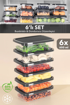 Meleni Home 6'lı Buzdolabı Düzenleyici Difrize Uygun Organizer Saklama Kabı Lunch Box Antrasit 600ml