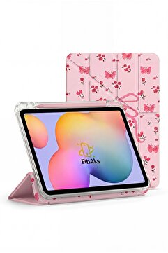 Fibaks iPad 11 A16 2025 10. Nesil 10.9 Kılıf Pembe Çiçek Kelebek ve Fiyonk Desenli Kalem Bölmeli Şeffaf