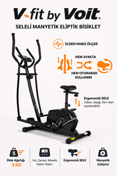 Voit V-Fit Seleli Manyetik Eliptik Bisiklet – Sessiz, Nabız Ölçerli | Oturarak & Ayakta Kullanım