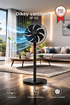 Torima SF02 Siyah Vantilatör 7 Pervaneli 3 Kademeli Kumandalı Dijital Ekranlı Ayaklı 16 Inc 60W Fan