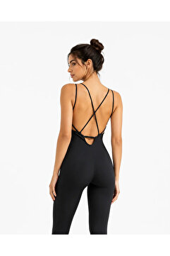 TÜKATO Kadın Siyah Sırt Dekolteli Çapraz Bant Askılı Dar Kesim Toparlayıcı Yoga Pilates Tayt Spor Tulum