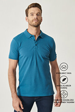 Altınyıldız Classics Erkek Havacı Mavi %100 Pamuk Kıvrılmaz Pike Polo Yaka Slim Fit Dar Kesim Tişört