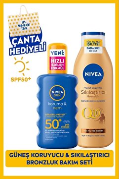 NIVEA SUN SPF50+ Güneş Koruyucu Sprey 200ml ve Q10 Bronzlaştırıcı Sıkılaştırıcı Losyon 250ml, Çanta Hediye