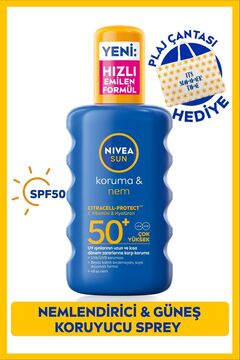 NIVEA SUN SPF50+ Yüksek Güneş Koruyucu Nemlendirici Vücut Spreyi 200ml, Suya Dayanıklı,Plaj Çantası Hediye