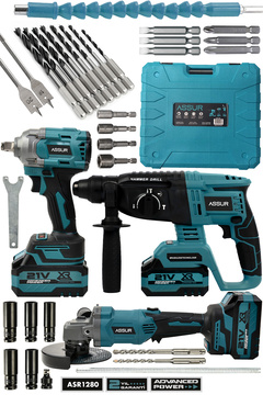 ASSUR 21V Çift Akü Kırıcı Delici Hilti 2-26mm + Somun Sıkma Sökme + Taşlama 3'lü Set