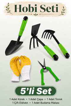 Badem10 (5'li Set) Metal Mini Kürek Çapa Tırmık Bahçe Çim Peyzaj Bitki Çiçek Ekme Toprak Budama Makası