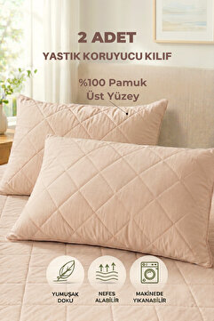 Formeya Premium 2 Adet Bej %100 Pamuk Kapitone Yastık Koruyucu Fermuarlı Yastık Alezi Kılıf Seti 50x70 cm