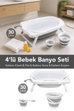 Meleni Baby 4'lü Katlanır Bebek Banyo Seti - Katlanabilir Bebek Küveti, Su Kovası, Maşrapa Seti, File Hediye Gri