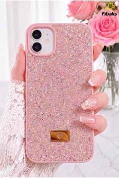 Fibaks iPhone 11 Kılıf Içi Kadife Elmas Tasarımlı Pembe Taşlı Işıltılı Pırlanta Silikon Kapak