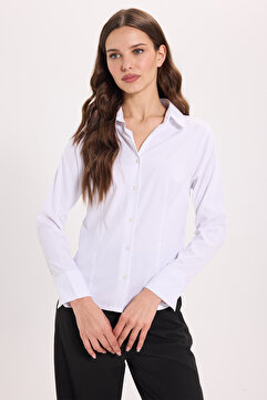 Tudors Kadın Slim Fit Dar Kesim Klasik Yaka Uzun Kollu Beyaz Gömlek