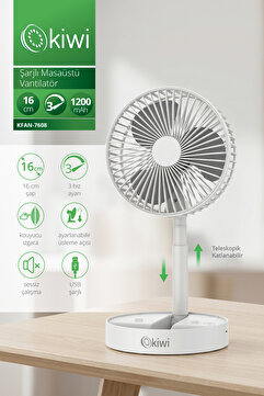 Kiwi Kfan-7608 Şarjlı Beyaz Katlanılabilir Mini Fan Masa Üstü Vantilatörü Usb Soğutucu Sessiz El Fanı