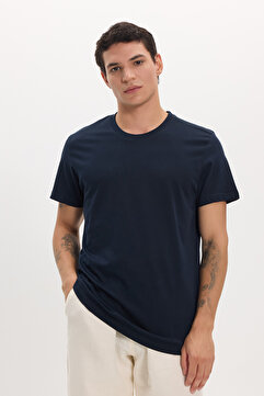 Tudors Unisex Slim Fit Dar Kesim %100 Pamuk Yumuşak Dokulu Lacivert Bisiklet Yaka Tişört