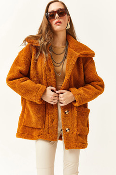 Olalook Kadın Taba Düğmeli Cepli Astarsız Oversize Peluş Ceket CKT-19000328