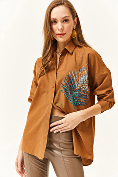 Olalook Kadın Kahverengi Palmiye Pul Detaylı Oversize Dokuma Poplin Gömlek GML-19001016
