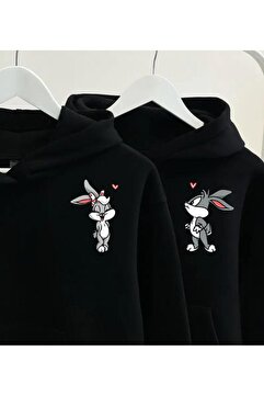 Unique Bugs Bunny Sevgili Çift Kombin - Siyah Baskılı Oversize Kapüşonlu Sweatshirt