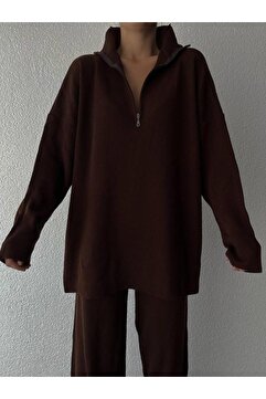 MRS. POLEEN Örgü Detaylı Oversize Kazak Pantolon Triko Alt-üst Takım