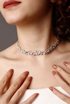 HUBANN Gümüş Kaplama Stylish Taşlı Su Yolu Choker Kolye Kristal Choker Taşlı Choker Kolye