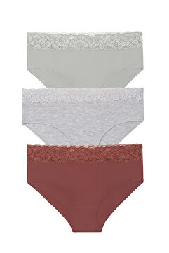 Suwen 3'lü Pamuklu Dantelli Yüksek Bel Slip Külot
