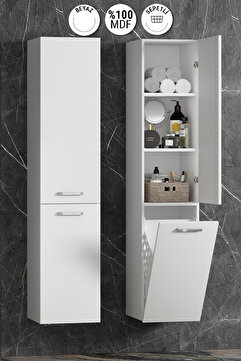 ÖZCEDEN Yeni Boy 35*167 cm Beyaz MDF Sepetli Asma Banyo Boy Dolabı