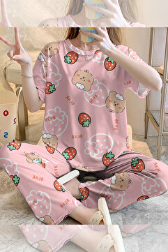 PEMBİŞ HOMEWEAR Kısa Kollu Pijama Takımı Strawberry Bear Supersoft Basic Süprem