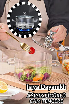 Comprox 1700cc Ayıcık Figürlü Tencere ısıya Dayanıklı|Borosilikat | Termisil Ocak Üstü Cam Tencere-1AD
