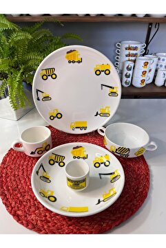 TEBAK COLLECTION İŞ MAKİNALARI KEPÇE KAMYON DESENLİ 5 parça ÇOCUK BEBEK YEMEK TAKIMI BESLENME SETİ