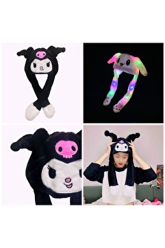 QUEEN AKSESUAR İthal lüks peluş ışıklı pompalı hareketli kulak atkılı Hello kitty kuromi siyah kedi kulaklık şapka