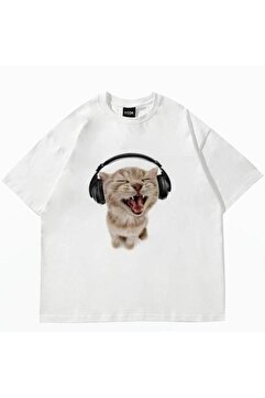 DESTİNE Day Light Y2k Kulaklıkla Müzik Dinleyen Kedi Baskılı Beyaz Unisex Oversize T-shirt