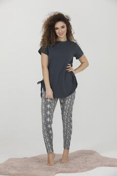 MyBen Kadın Füme Yandan Bağlamalı Büzgülü Kısa Kollu Tunik Ve Taytlı Pijama Takımı 28407