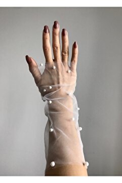 bbays new trend Kırık Beyaz Incili Gelin Eldiveni 1 Çift Likralı Esnek Tül Kolluk Kısa Nikah Eldiveni