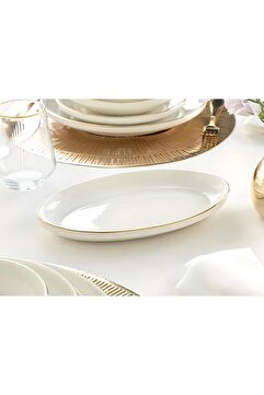 porselenden Modern Gold Altın 2li 25 Cm Porselen Orta Boy Krem Kayık Sunum Tabağı Servis Seti