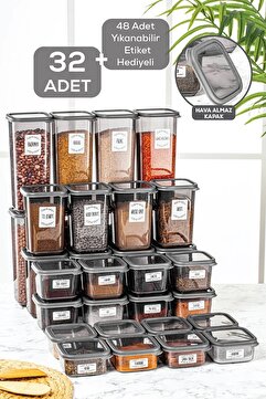 Meleni Home 32'li Etiketli Kapaklı Kare Erzak Saklama Kabı Seti 8x(0,3 LT-0,5 LT-1,1 LT-1,7 LT) Baharatlık