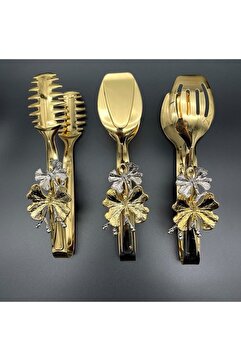 Aslı Hediyelik Kelebekli Gold Şık Servis Sunum Takımı Titanyum Kaplama 3'lü Maşa Seti Paslanmaz Çelik
