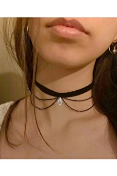 TakıConcept Siyah Zincir, Yaprak Choker, Kadın Kolye, Boyun Choker Kolye