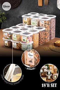 Vienev Renkli Etiketli Kare Erzak Saklama Kabı 18li Set 6x(0,55 Litre, 1,2 Litre, 1,75 Litre) Beyaz