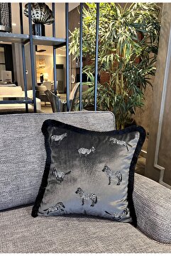 ge living Zebra Desenli Yastık Kılıfı  Dekoratif Parlak Gri Kadife Kırlent