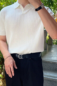 Tarz Cool Beyaz Erkek Fitilli Polo Yaka Triko T-Shirt