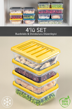 Meleni Home 4'lü Buzdolabı Organizer Mikrodalga Ve Difrize Uygun Saklama Kabı Sarı 4 X 600 ml