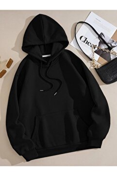Genel Markalar Unisex Siyah Düz Renk Kapüşonlu Sweatshirt