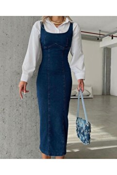 Ekim Store Kalın Askılı Lacivert Uzun Denim Elbise