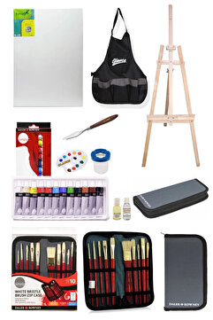GLANCE Daler Rowney Simply Yağlı Boya 12 Renk X 12 Ml 10`lu Çantalı Fırça Profesyonel Şövale Seti