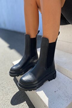 İnan Ayakkabı Kadın Bot 1 NUMARA BÜYÜK ALIN Yandan Lastikli Siyah Bot Kaymaz Termo( Taban 5 cm) 21INA15