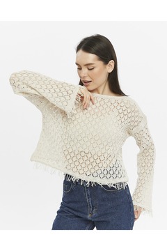 KNİTİCAL TEKSTİL Bolero shams  Krem Crop Bluz Ajurlu Triko Örme