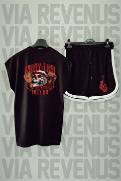 Vordevia Muay Thai Baskılı Siyah Sıfır Kollu Tshirt ve Siyah Şort Spor Takımı